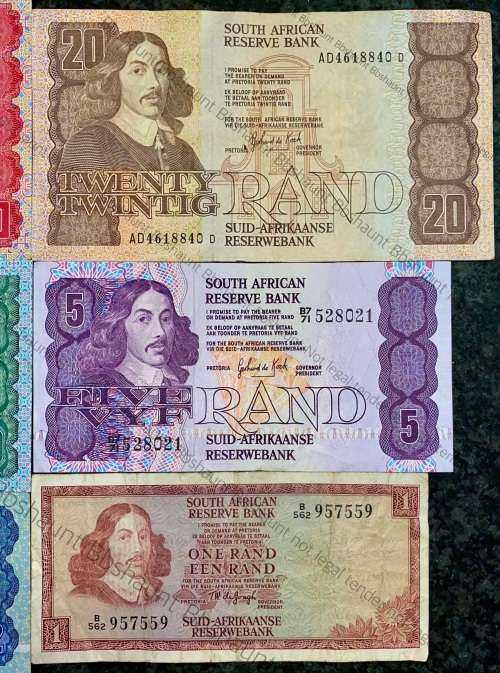 COMPLETE SET OF GPC DE KOCK & DECIMALS R50 TO R2,,,1980s (R1 TW DE JONGH 1967)- (1 BID TAKES ALL)