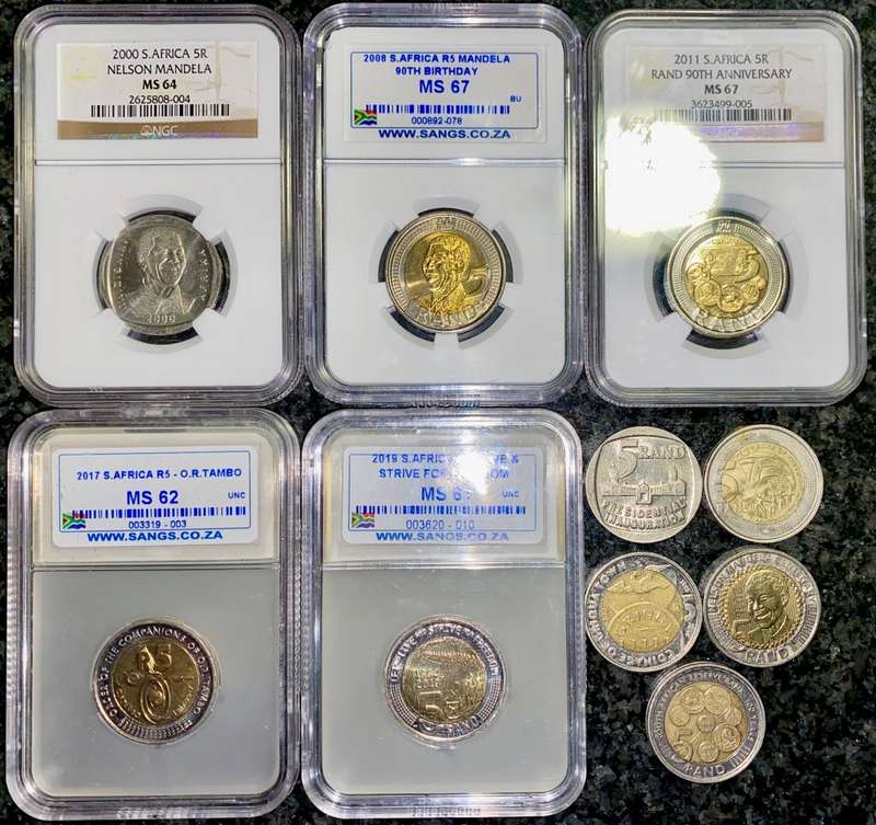 COMPLETE SET COMMEMORATIVE R5 COINS 1994 TO 2021--5 GRADED COIN MS67-MS66 GOOD COND CIRCULATED COINS
