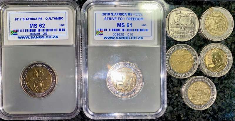COMPLETE SET COMMEMORATIVE R5 COINS 1994 TO 2021--5 GRADED COIN MS67-MS66 GOOD COND CIRCULATED COINS