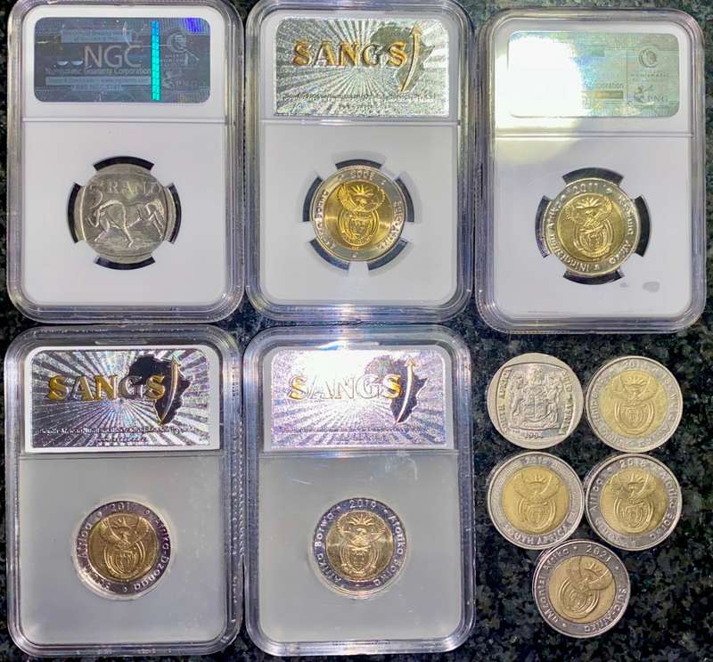 COMPLETE SET COMMEMORATIVE R5 COINS 1994 TO 2021--5 GRADED COIN MS67-MS66 GOOD COND CIRCULATED COINS