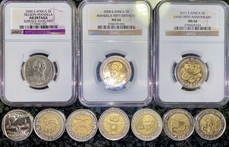 COMPLETE SET COMMEMORATIVE R5 COINS 1994 TO 2021--3 GRADED COIN MS66 GOOD COND CIRCULATED COINS