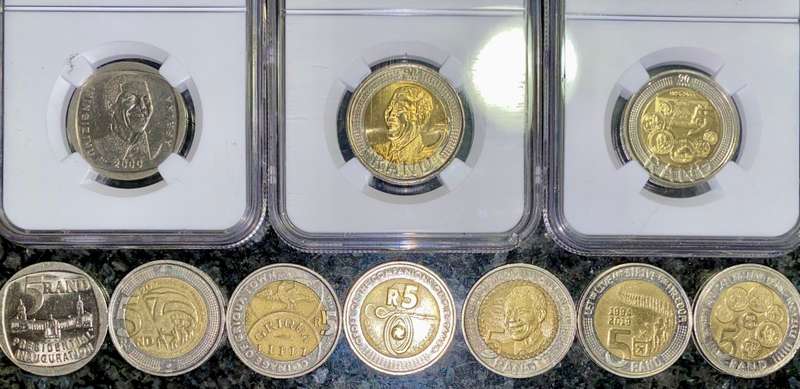 COMPLETE SET COMMEMORATIVE R5 COINS 1994 TO 2021--3 GRADED COIN MS66 GOOD COND CIRCULATED COINS