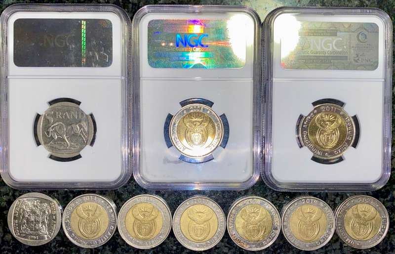 COMPLETE SET COMMEMORATIVE R5 COINS 1994 TO 2021--3 GRADED COIN MS66 GOOD COND CIRCULATED COINS