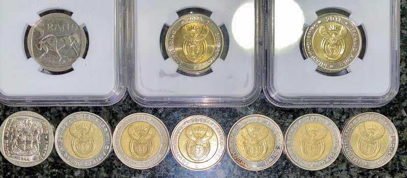 COMPLETE SET COMMEMORATIVE R5 COINS 1994 TO 2021--3 GRADED COIN MS66 GOOD COND CIRCULATED COINS