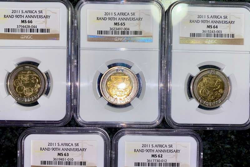 SOUTH AFRICA COMMEMORATE R5 SET GRADED MS66,MS65,MS64,MS63 & MS62 NGC GRADED