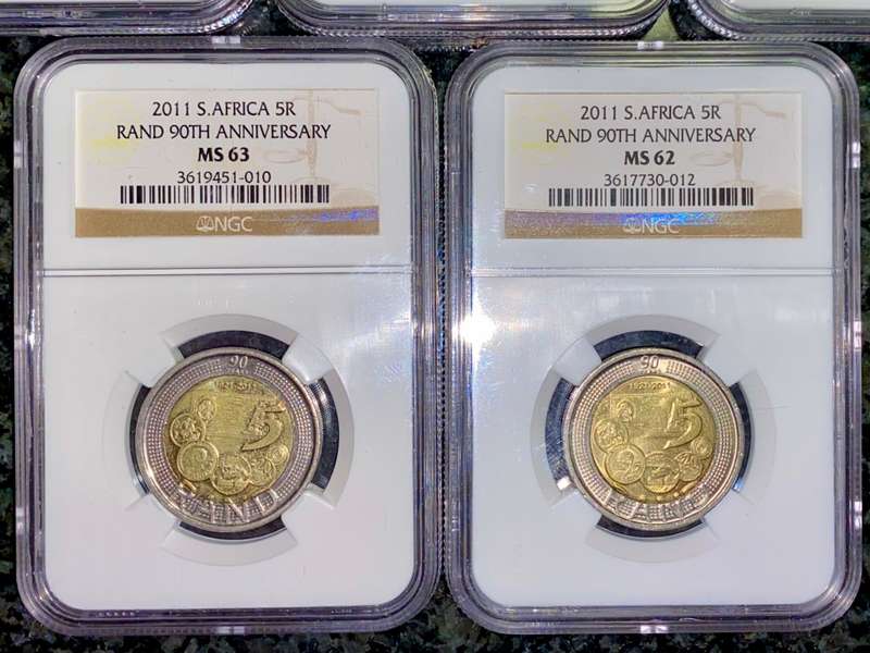 SOUTH AFRICA COMMEMORATE R5 SET GRADED MS66,MS65,MS64,MS63 & MS62 NGC GRADED