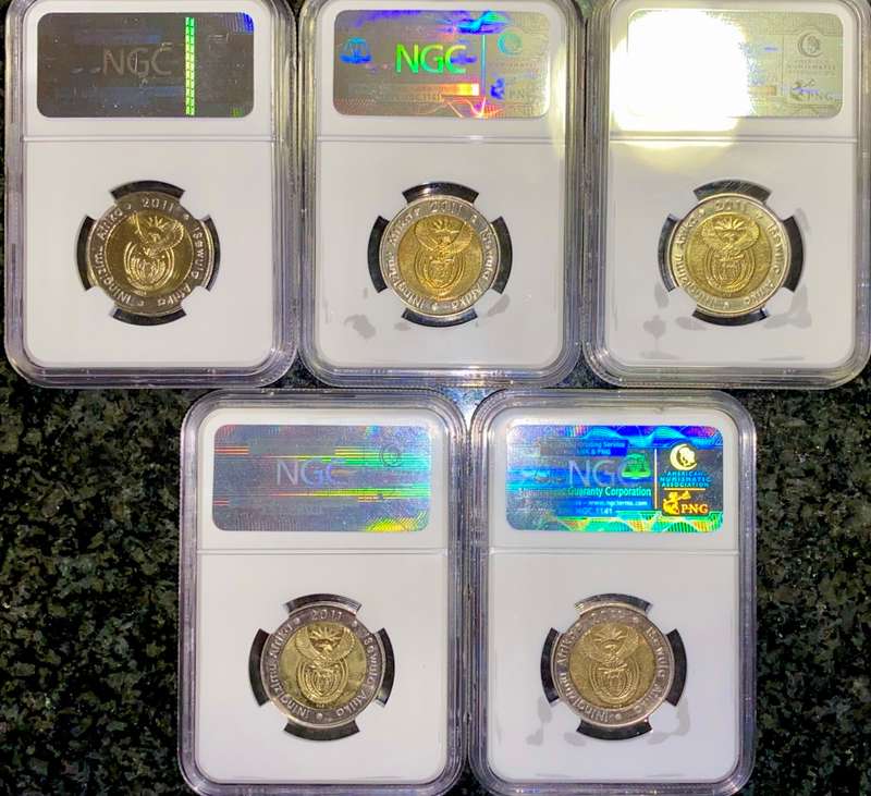 SOUTH AFRICA COMMEMORATE R5 SET GRADED MS66,MS65,MS64,MS63 & MS62 NGC GRADED