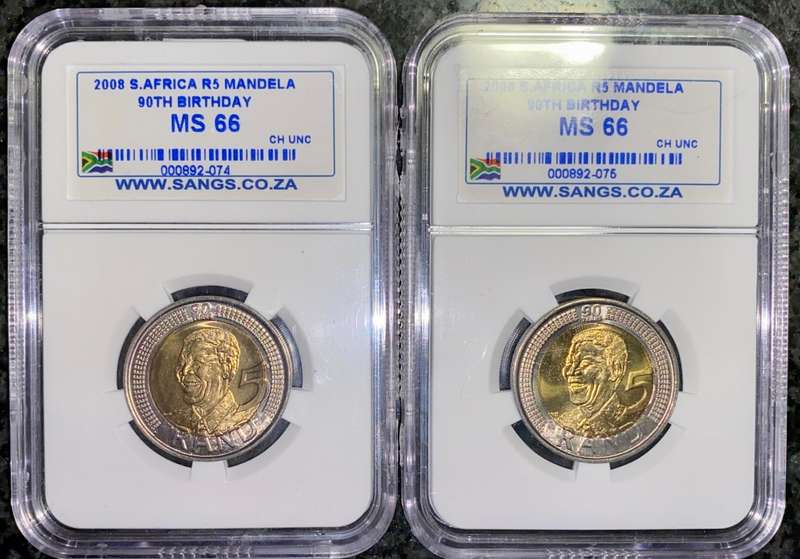 SOUTH AFRICA COMMEMORATE R5 MANDELA 90TH BIRTHDAY GRADED IN SEQUENCE 000892-074 & 075 MS66