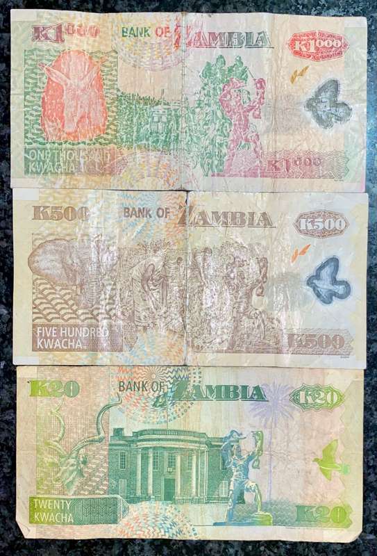 ZAMBIA SET 1000 KWACHA, 500 KW & 20 KWACHA  2008-1992(1 BID TAKES ALL)
