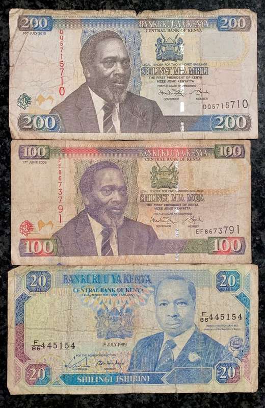KENYA SET 200 SHILLING 2010, 100 SHILLING 2009 & 20 SHILLINGI 1989(1 BID TAKES ALL)