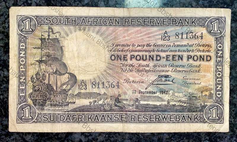 J POSTMUS 1 POUND 6TH NOVEMBER 1941 ENG/AFR A111 FIRST ISSUE VAN RIEBEECK WTM