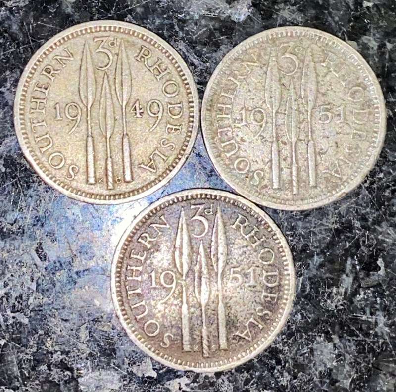 southern rhodesia threepence 1949 & 1951 (1 BID TAKES ALL)