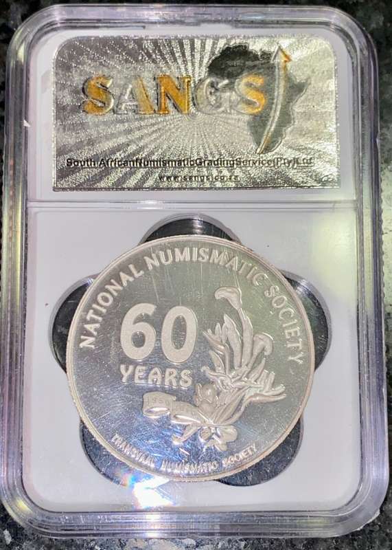 SOUTH AFRICA GRADED 1OZ SILVER NATIONAL NUMIS SOCIETY 60 YEARS --100 YEARS OF PARLIAMENT GRADED PF64