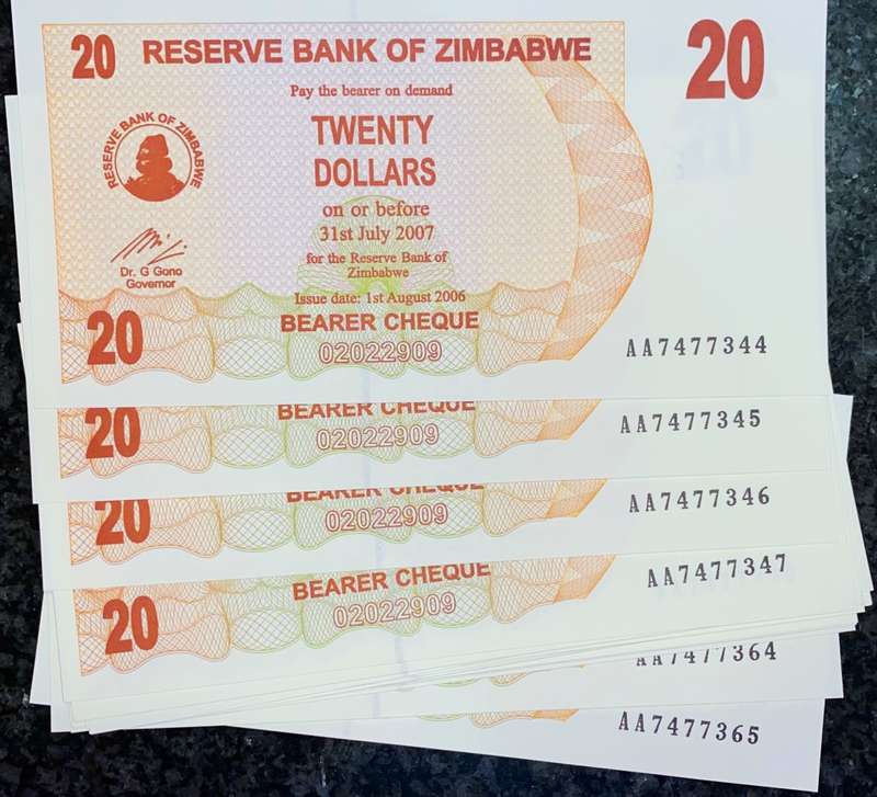 ZIMBABWE 20 DOLLAR IN SEQUENCE AA7477344-365 UNC 2006 LONG NECK BIRD WTM(BID PER NOTE)22 AVAILABLE