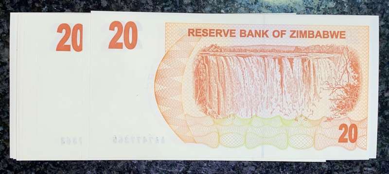ZIMBABWE 20 DOLLAR IN SEQUENCE AA7477344-365 UNC 2006 LONG NECK BIRD WTM(BID PER NOTE)22 AVAILABLE