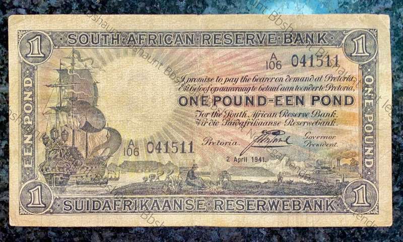 J POSTMUS 1 POUND 17TH NOVEMBER 1941 ENG/AFR A106 FIRST ISSUE VAN RIEBEECK WTM