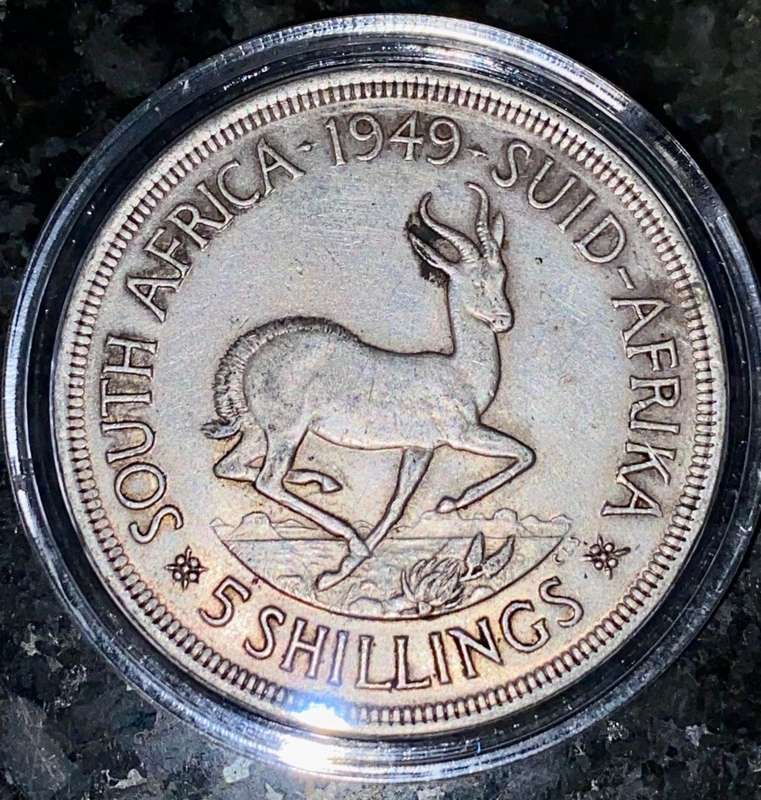 S A UNION SILVER 5 SHILLINGS 1949 CROWN SILVER 80% GOOD CONDITION