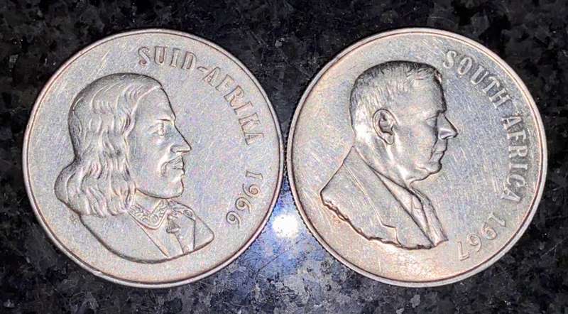 SOUTH AFRICA SILVER SET R1 --1966 AFRIKAANS & 1967 ENGLISH SILVER 80%(1 BID TAKES ALL)