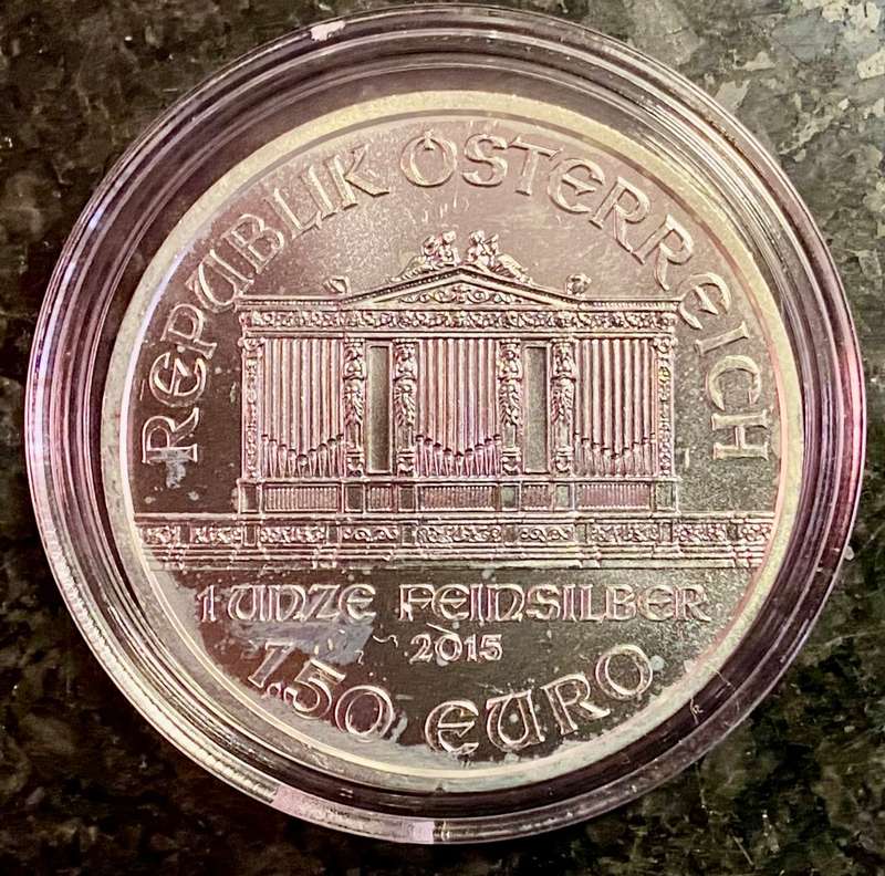 AUSTRIA SIVLER 1.50 EURO 1OZ PURE SILVER .999 VIENNA PHILHARMONIC 2015 UNC COMES WITH CAPSULE