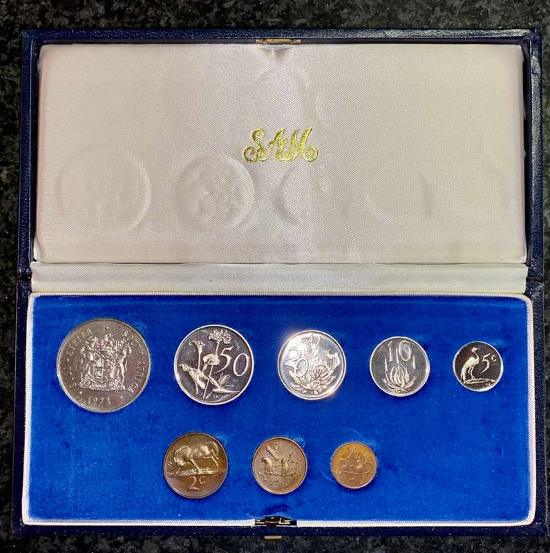 SOUTH AFRICA PROOF SET SILVER R1 TO 1/2 CENT -- 1973 -- IN BLUE SA MINT BOX