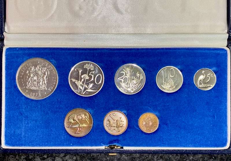 SOUTH AFRICA PROOF SET SILVER R1 TO 1/2 CENT -- 1973 -- IN BLUE SA MINT BOX