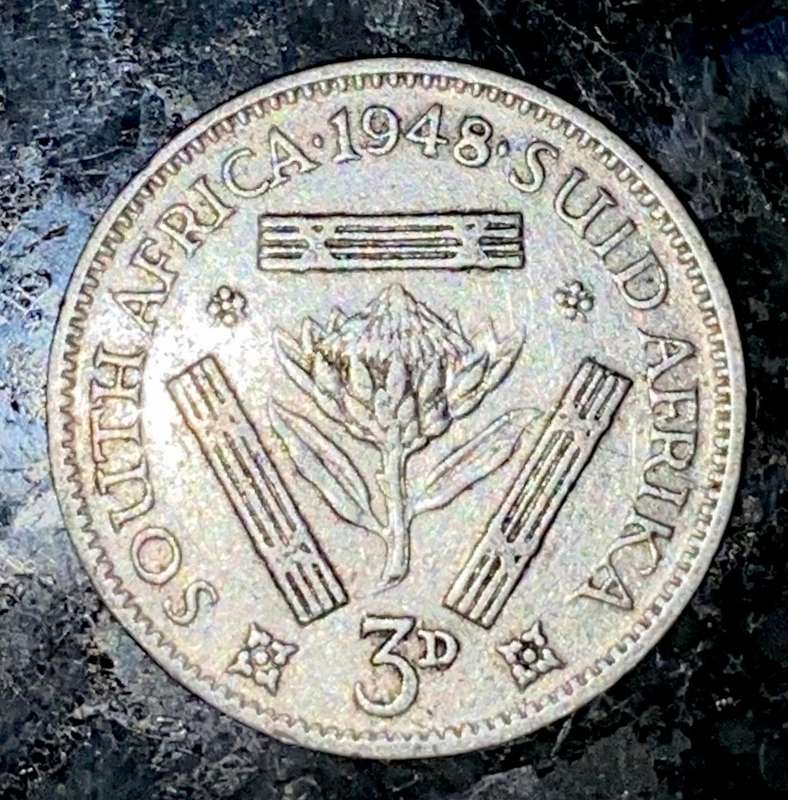 S A UNION SILVER 3D THREEPENCE TICKEY --1948--