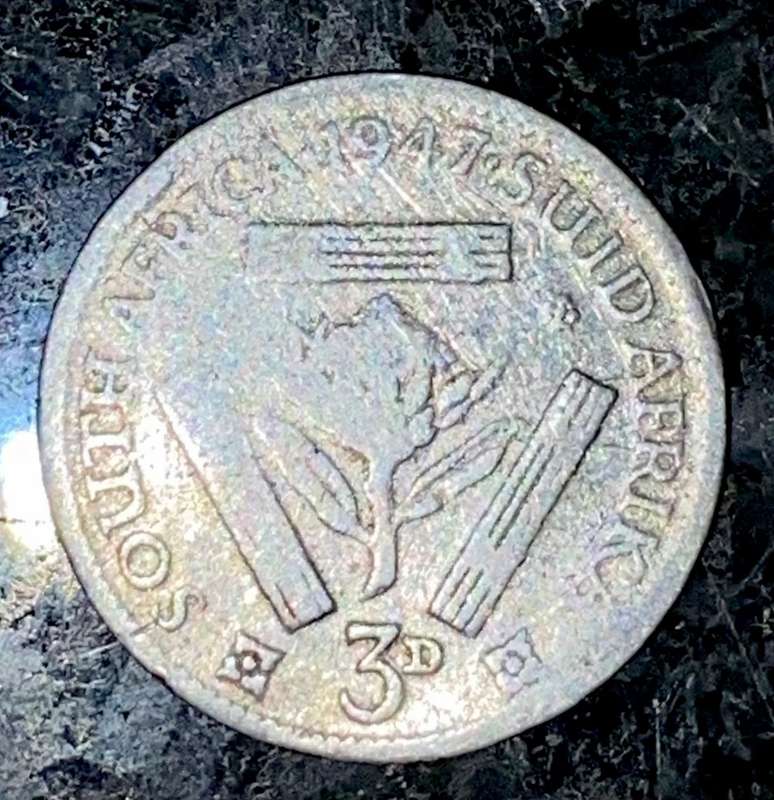 S A UNION SILVER 3D THREEPENCE TICKEY --1947--