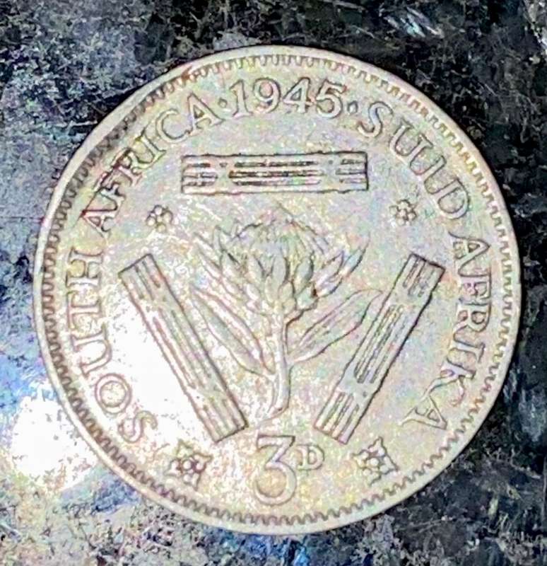 S A UNION SILVER 3D THREEPENCE TICKEY --1945--