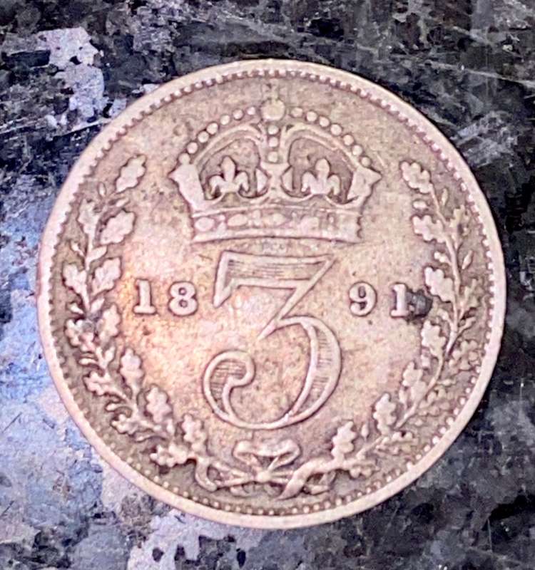 GREAT BRITAIN SILVER 3 PENCE 1891 STERLING SILVER