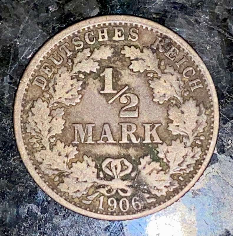 GERMANY SILVER 1/2 MARK 1906 - STUTTGART MINT - SILVER .900