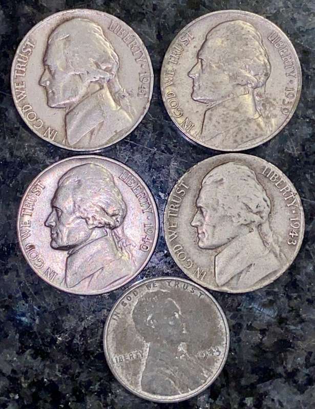 U S A - WW2 SET 5 CENT - 1939, 1940, 1941 & SILVER 1943 + STEEL WHEAT PENNY 1943 (1 BID TAKES ALL)