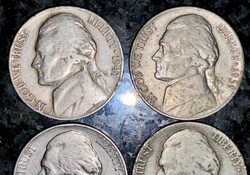 U S A - WW2 SET 5 CENT - 1939, 1940, 1941 & SILVER 1943 + STEEL WHEAT PENNY 1943 (1 BID TAKES ALL)