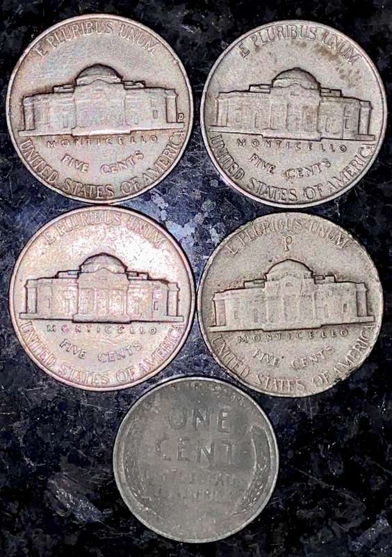 U S A - WW2 SET 5 CENT - 1939, 1940, 1941 & SILVER 1943 + STEEL WHEAT PENNY 1943 (1 BID TAKES ALL)