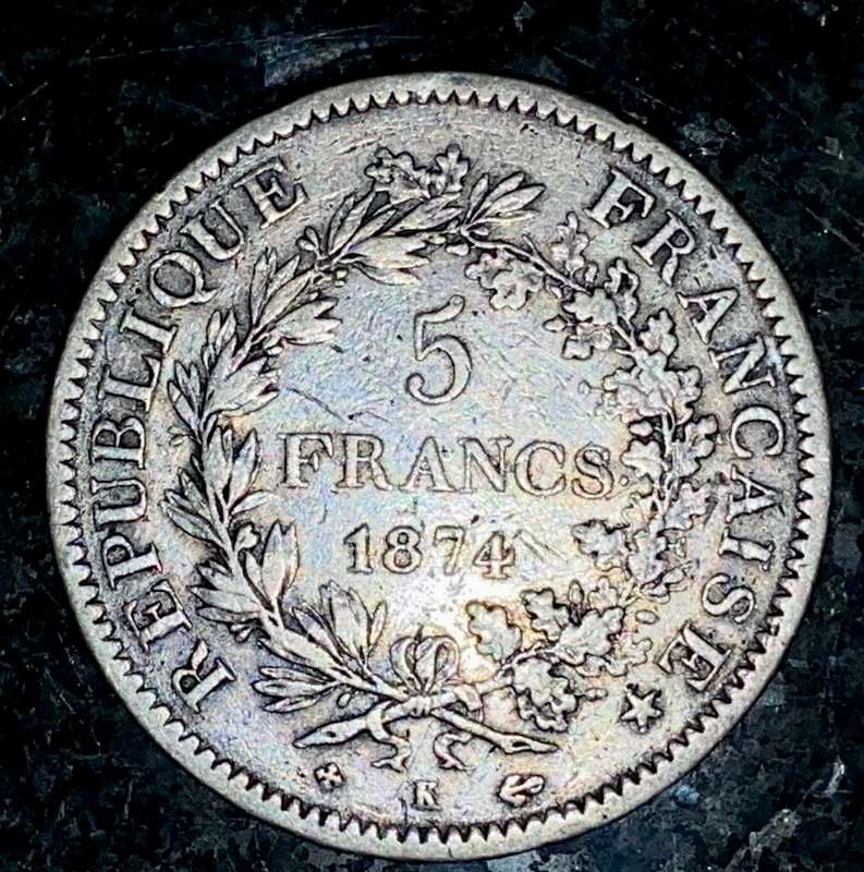 FRANCE SILVER 5 FRANCS 1874 - BORDEAUX MINT - SILVER .900