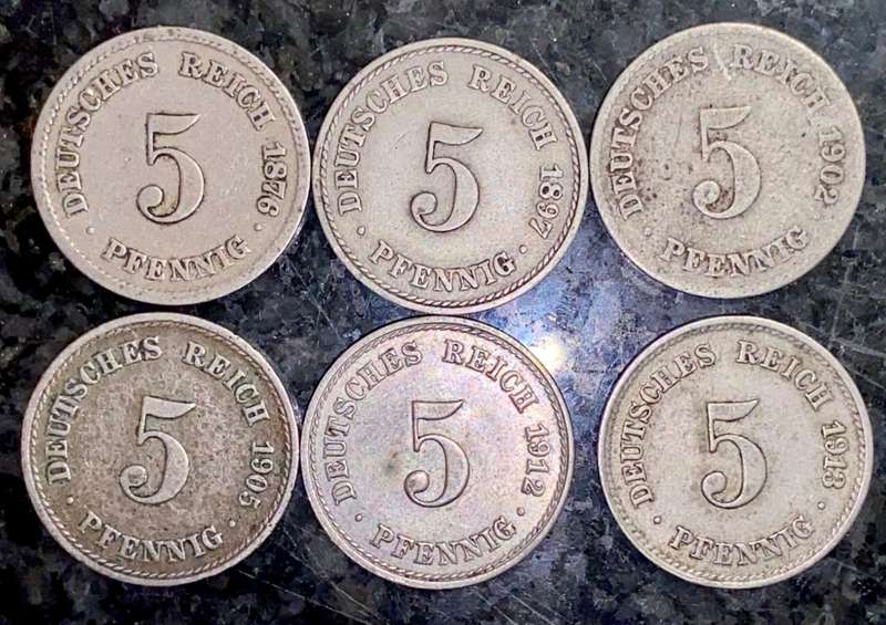 GERMANY SET 5 PFENNIG 1876, 1897, 1902, 1905, 1912 & 1913 ( 1 BID TAKES ALL)