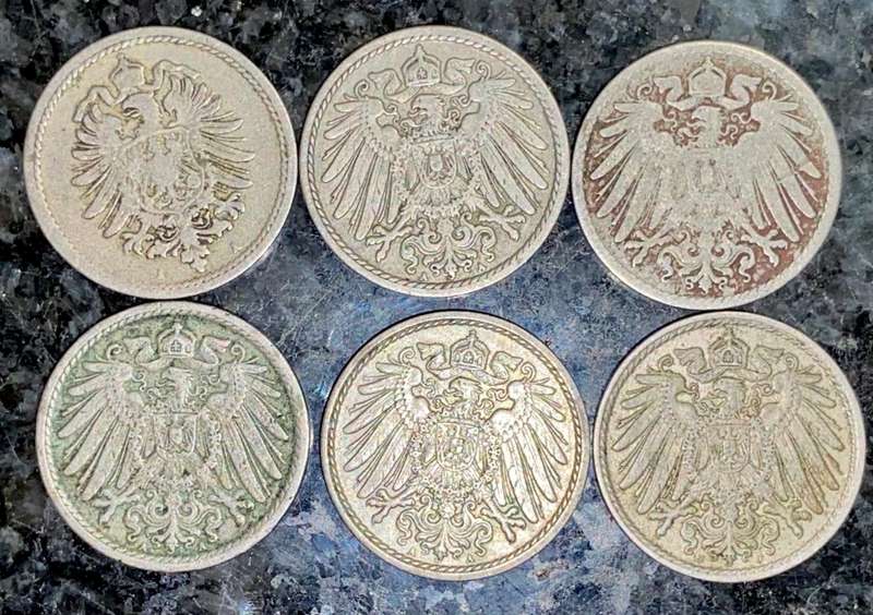 GERMANY SET 5 PFENNIG 1876, 1897, 1902, 1905, 1912 & 1913 ( 1 BID TAKES ALL)