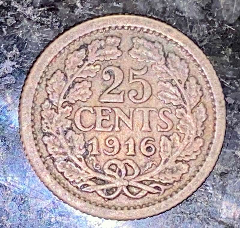 NETHERLANDS SILVER 25 CENT 1916