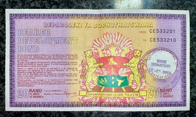 BOPHUTHATSWANA R20 BEARER BOND STAMPED - 1986 STANDARD BANK BOPHUTHATSWANA