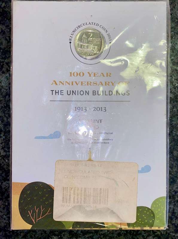 S A MINT R5 -20 YEARS OF DEMOCRACY & R2 -100 YEAR ANNIVERSARY UNION BUILDINGS UNC IN ORIGINAL FOLDER