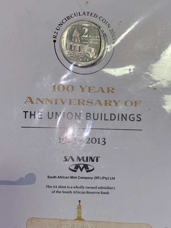 S A MINT R5 -20 YEARS OF DEMOCRACY & R2 -100 YEAR ANNIVERSARY UNION BUILDINGS UNC IN ORIGINAL FOLDER