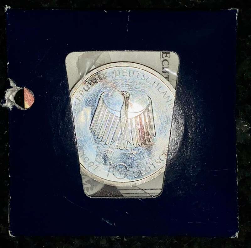 GERMANY SILVER PROOF 10 MARK 1997 DIESEL MOTOR 100 YEARS ANNIVERSARY  IN ORIGINAL FOLDER/HOLDER