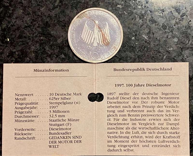 GERMANY SILVER PROOF 10 MARK 1997 DIESEL MOTOR 100 YEARS ANNIVERSARY  IN ORIGINAL FOLDER/HOLDER