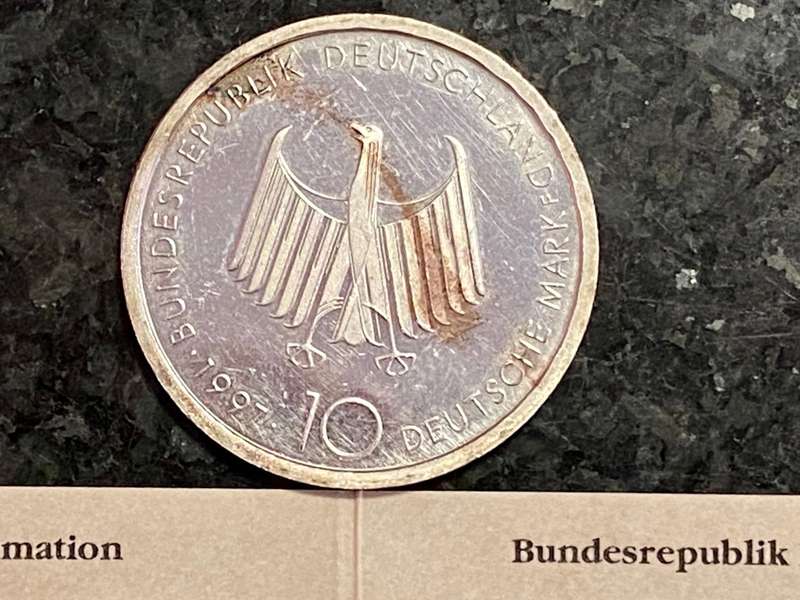 GERMANY SILVER PROOF 10 MARK 1997 DIESEL MOTOR 100 YEARS ANNIVERSARY  IN ORIGINAL FOLDER/HOLDER