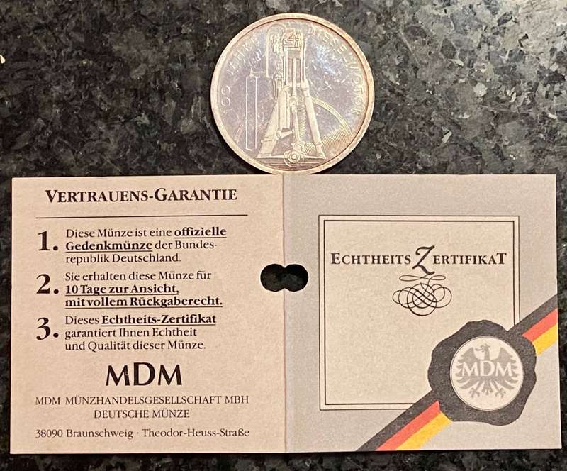 GERMANY SILVER PROOF 10 MARK 1997 DIESEL MOTOR 100 YEARS ANNIVERSARY  IN ORIGINAL FOLDER/HOLDER
