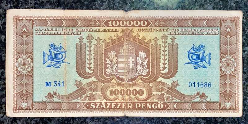HUNGARY 100,000 PENGO 1945 WW2 BUDAPEST