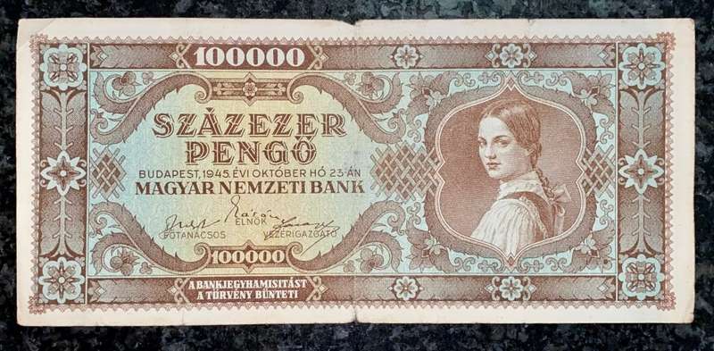 HUNGARY 100,000 PENGO 1945 WW2 BUDAPEST