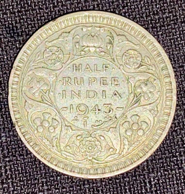 BRITISH / INDIA SILVER 1/2 RUPEE 1943 WW2