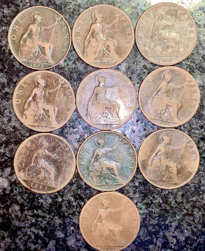 GREAT BRITAIN SET 1 PENNY 1889 ,1893, 1895, 1896, 1897 X 2, 1898 X 2, 1899 & 1901 ( 1 BID TAKES ALL)