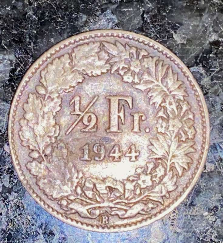 SWITZERLAND HELVETIA SILVER 1/2 FRANC 1944 WW2