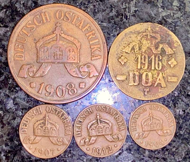 GERMAN EAST AFRICA 20 HELLER 1916, 5 HELLER 1908, 1 HELLE 1907+1912 & 1/2 HELLER 1904(1 BID TAKES AL